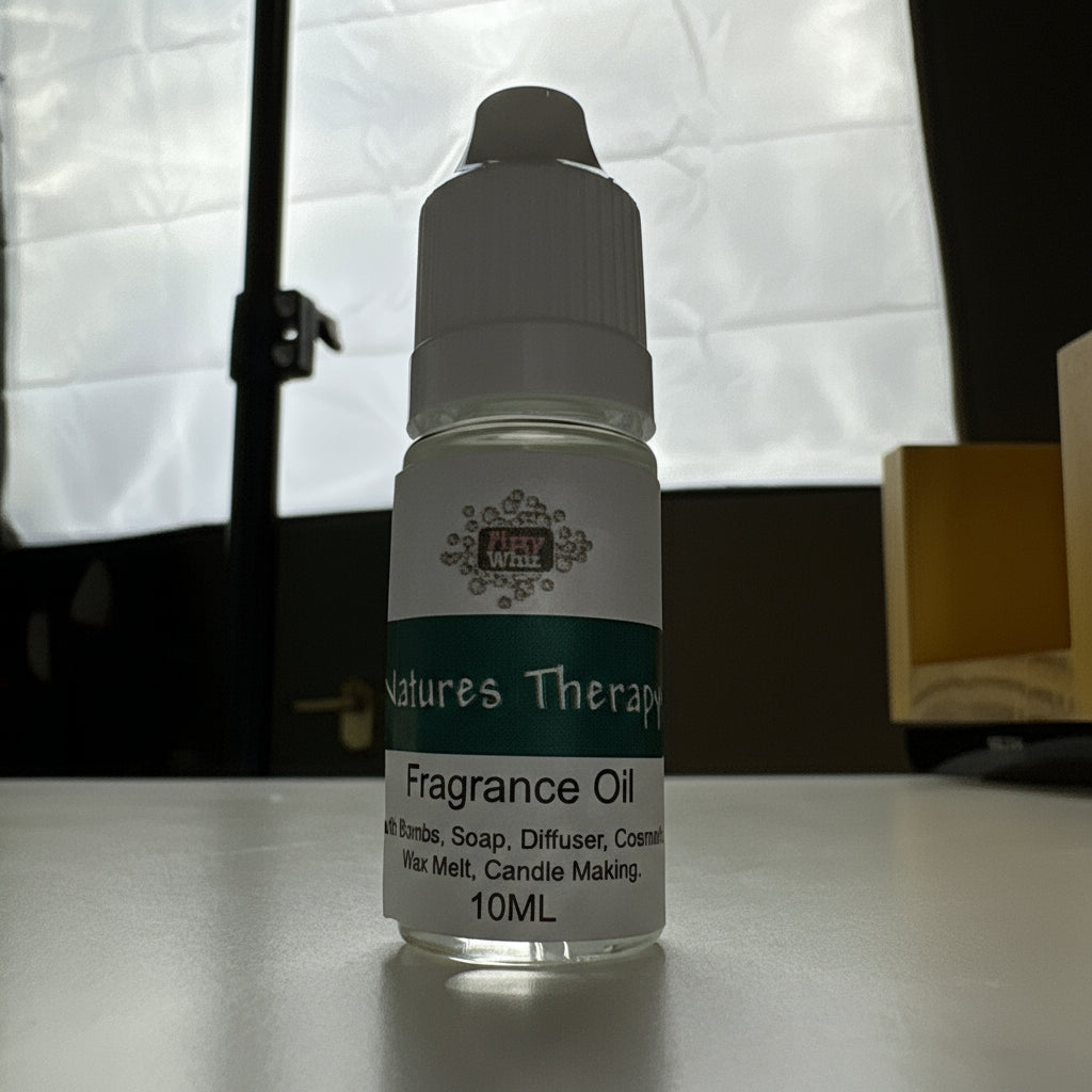 Fragrance oil bottle with visible label on a reflective surface